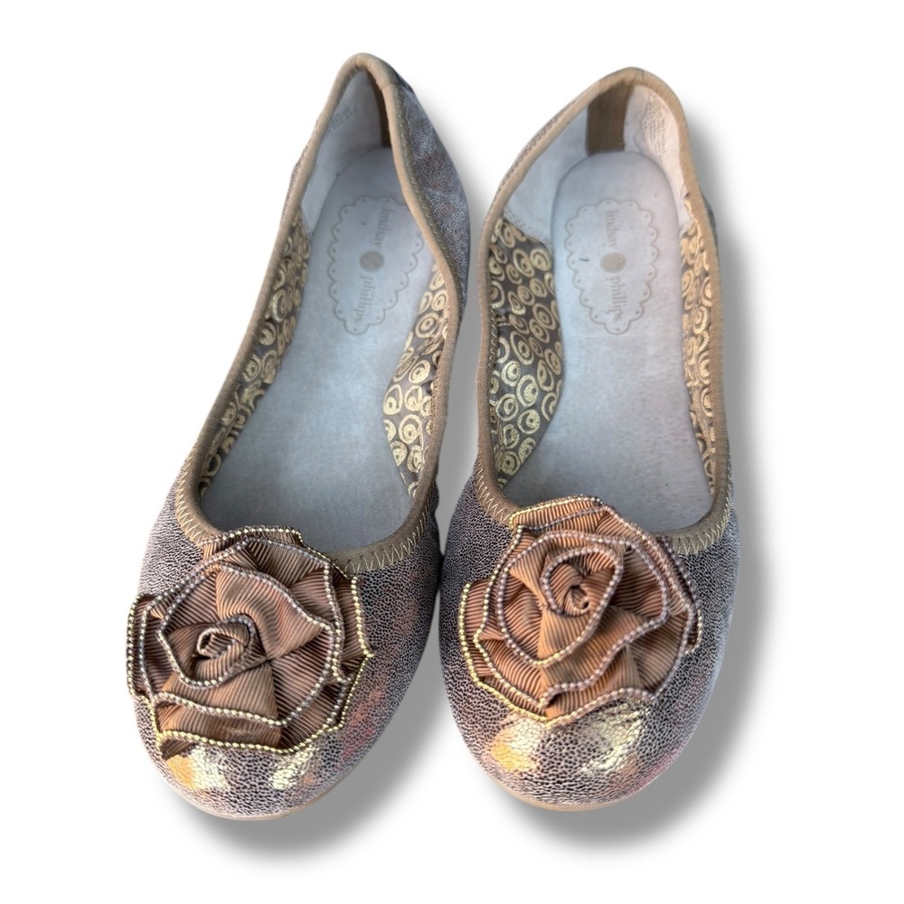 Lindsay Phillips Liz Ballet Flats Metallic Bronze Leather Rose Embellishment 6.5 - Picture 2 of 16